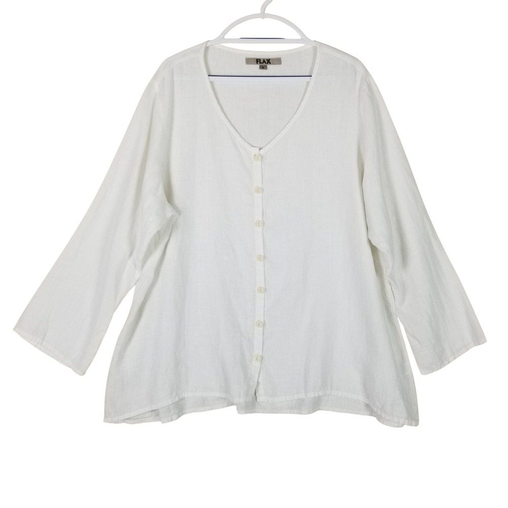 FLAX Button Front Blouse Women Large White 100% Linen V-Neck Relaxed Tunic